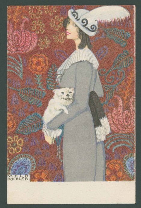 White Dog with a Woman in a Gray Coat